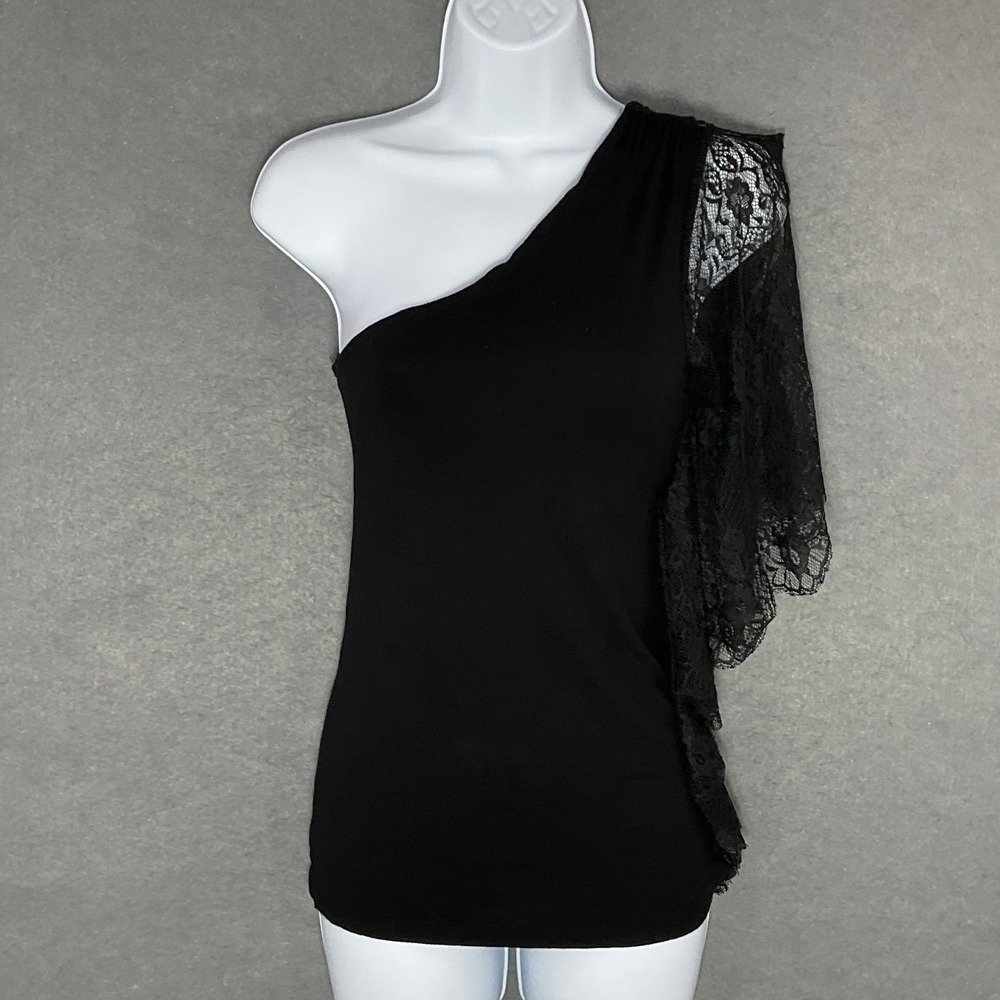 bebe One-Shoulder Black Lace Sleeve Top